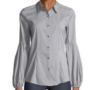 Elie Tahari Verona Striped Grey White Bankers Sleeves Poplin Snap Buttons Top XL